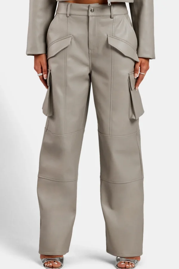 Wide Leg Faux Leather Cargo Trouser - Beige