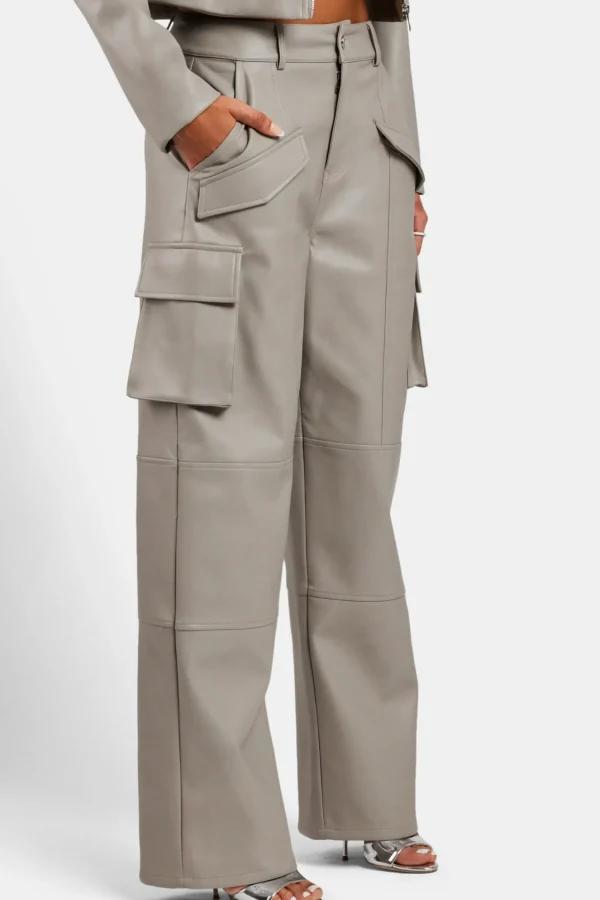 Wide Leg Faux Leather Cargo Trouser - Beige