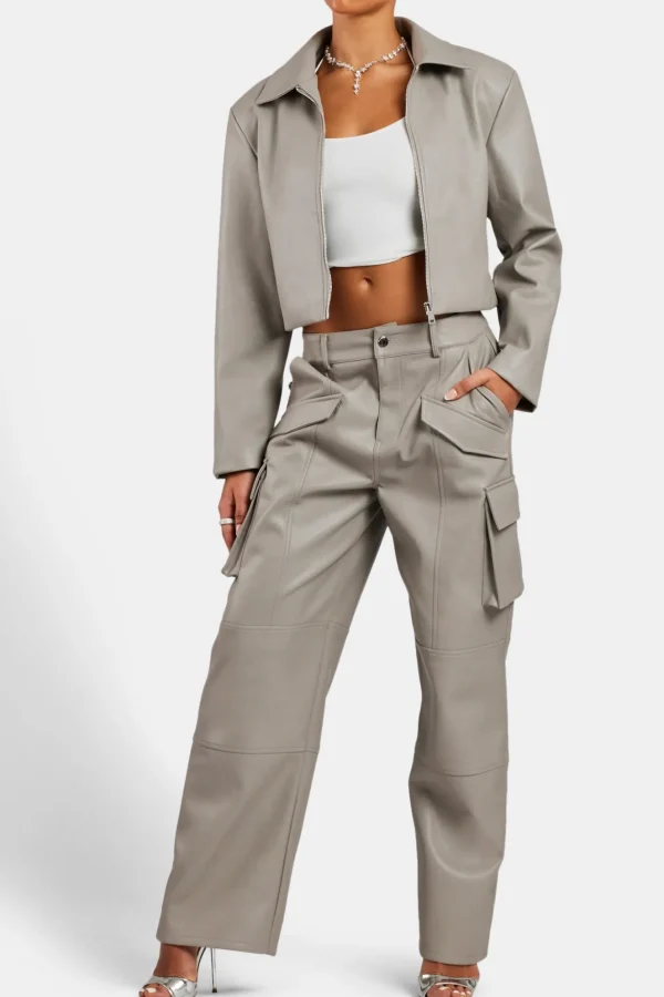 Wide Leg Faux Leather Cargo Trouser - Beige