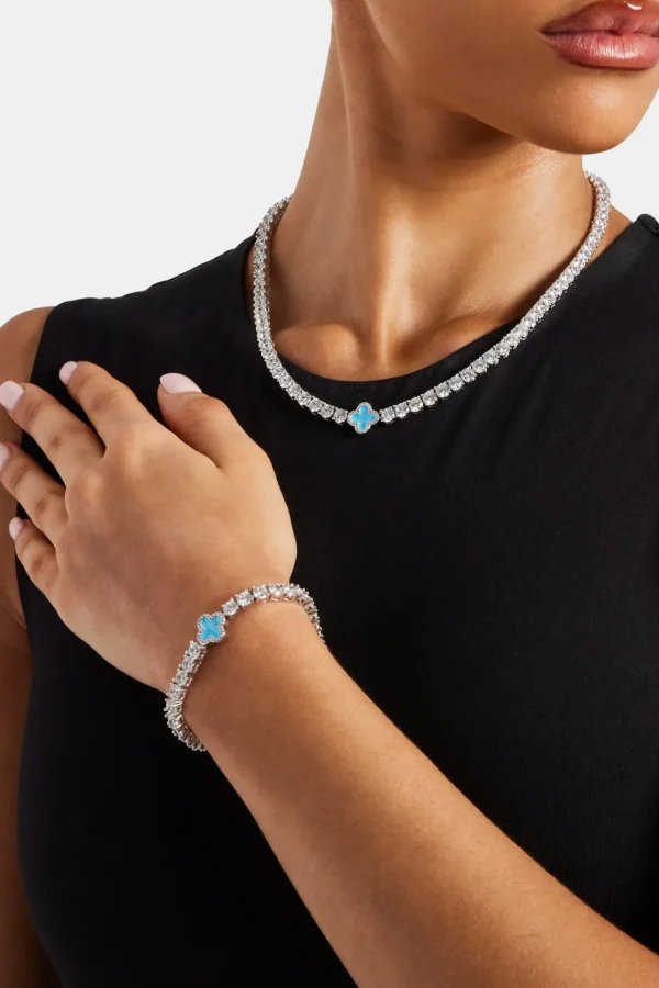 Womens Baby Blue Motif Tennis Chain + Bracelet