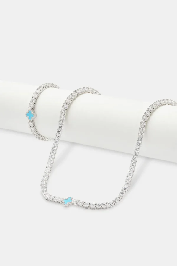 Womens Baby Blue Motif Tennis Chain + Bracelet