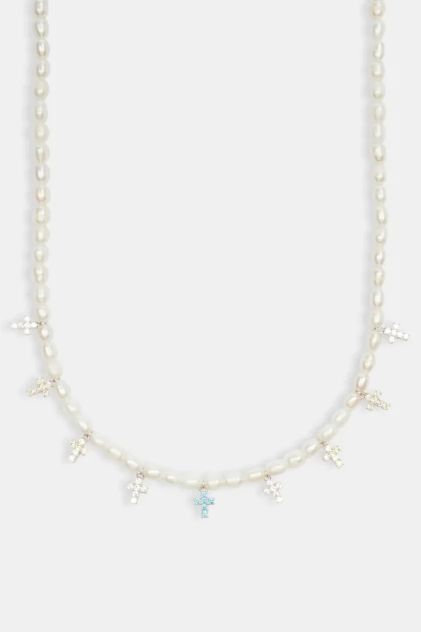 Womens Freshwater Pearl & Multi Colour Ice Cross Necklace - White