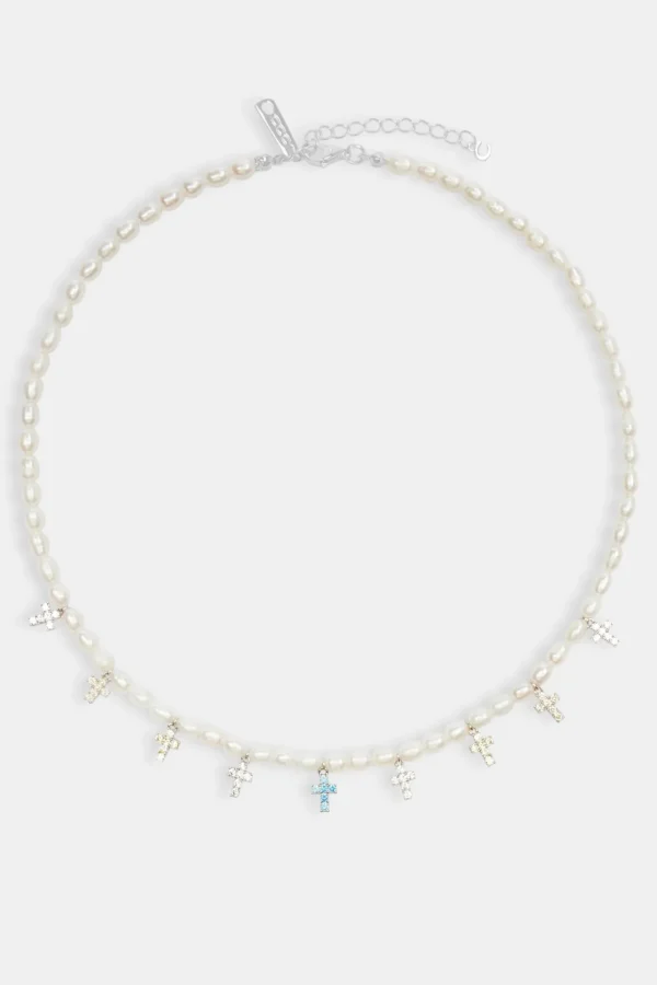 Womens Freshwater Pearl & Multi Colour Ice Cross Necklace - White