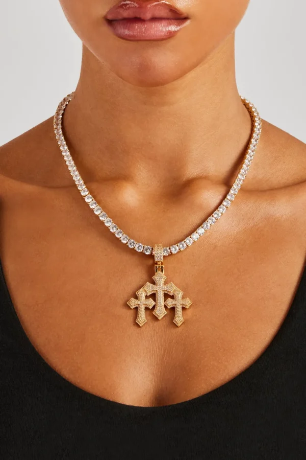 Women's Triple Cross Pendant & 5mm Tennis Chain - Gold