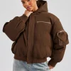 Womens Twill Utility Cargo Bomber Jacket - Chocolate