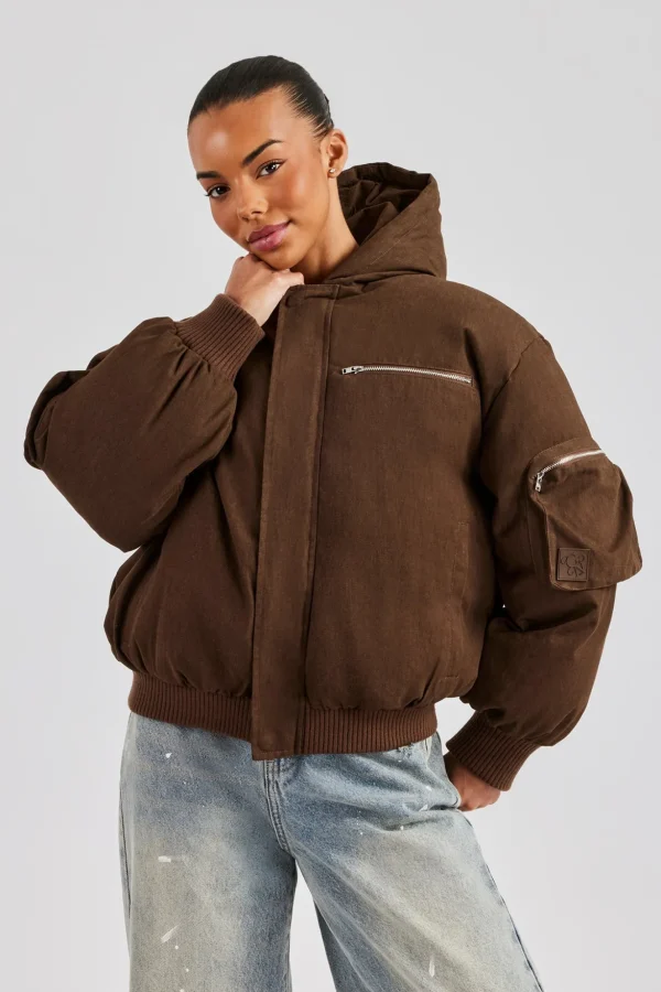 Womens Twill Utility Cargo Bomber Jacket - Chocolate