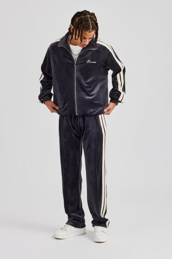 Zip Through Taping Velour Tracksuit - Charcoal