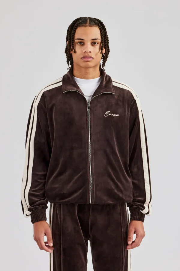 Zip Through Taping Velour Track Jacket - Chocolate