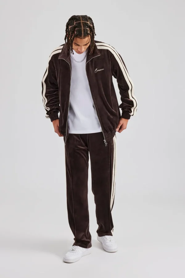 Zip Through Taping Velour Tracksuit - Chocolate