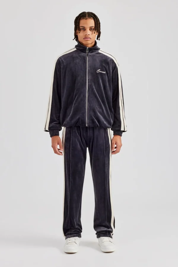 Zip Through Taping Velour Tracksuit - Charcoal