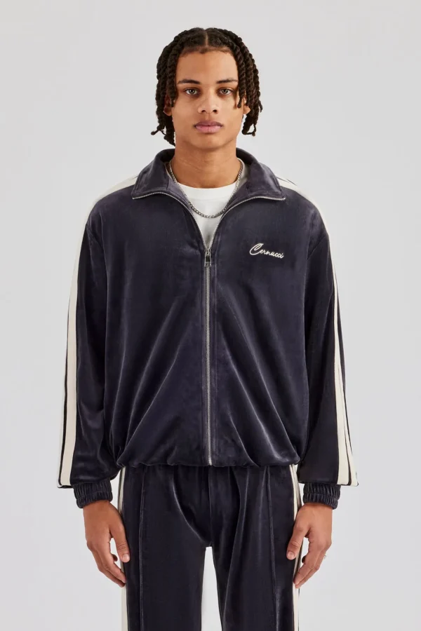 Zip Through Taping Velour Track Jacket - Charcoal