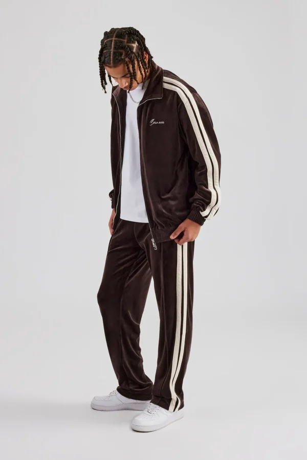 Zip Through Taping Velour Tracksuit - Chocolate