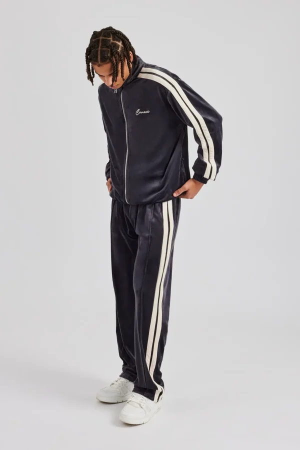 Zip Through Taping Velour Tracksuit - Charcoal