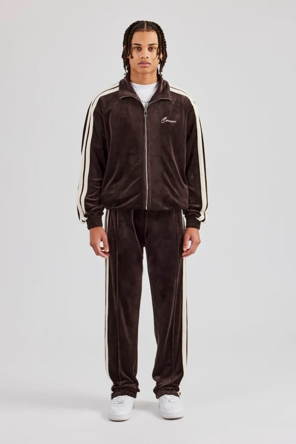 Zip Through Taping Velour Tracksuit - Chocolate