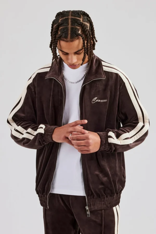 Zip Through Taping Velour Track Jacket - Chocolate