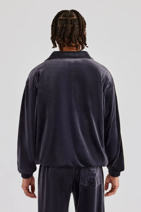 Zip Through Taping Velour Track Jacket - Charcoal