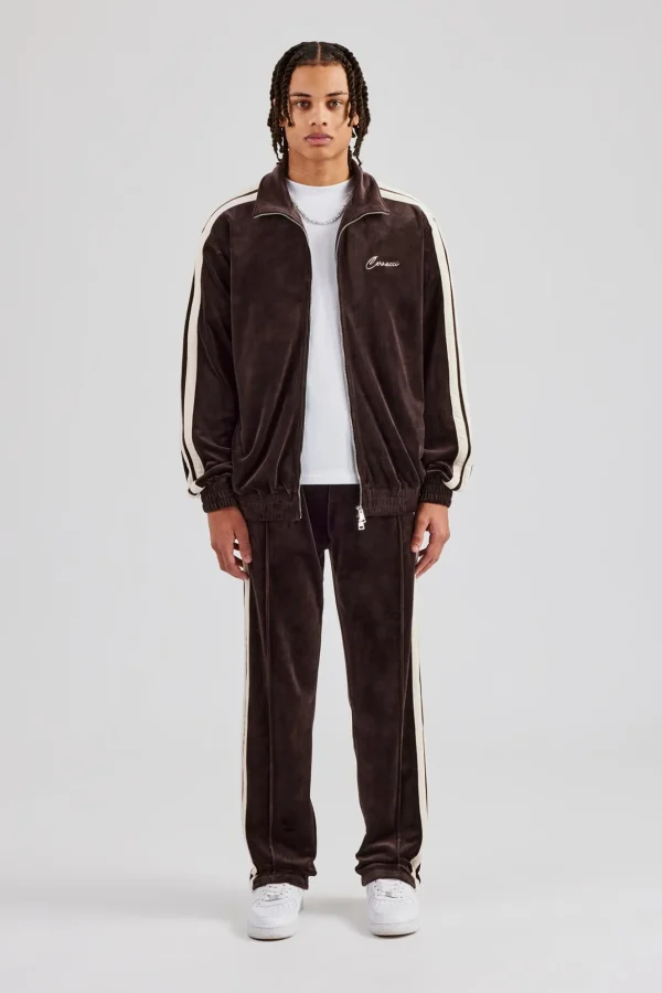 Zip Through Taping Velour Tracksuit - Chocolate