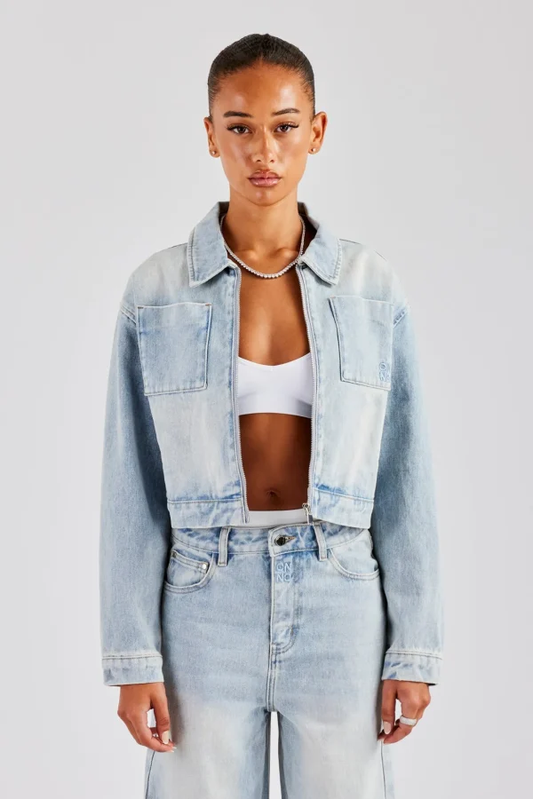 Zip Up Denim Jacket - Ice Blue