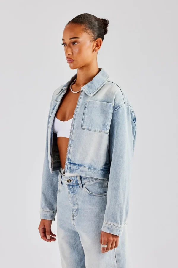 Zip Up Denim Jacket - Ice Blue